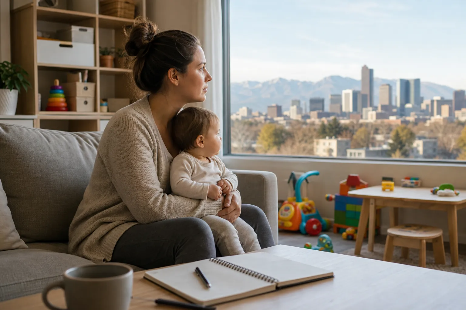 A woman holds a toddler on a sofa beside toys, with an open notebook on a table and a city skyline and mountains outside.