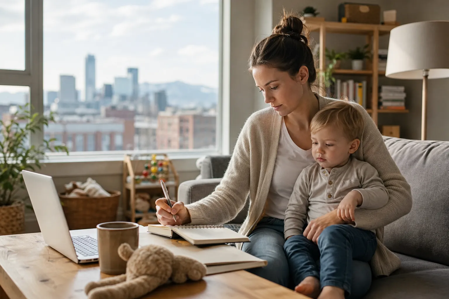 A woman writes in a notebook beside an open laptop while a young child sits on her lap on a sofa.