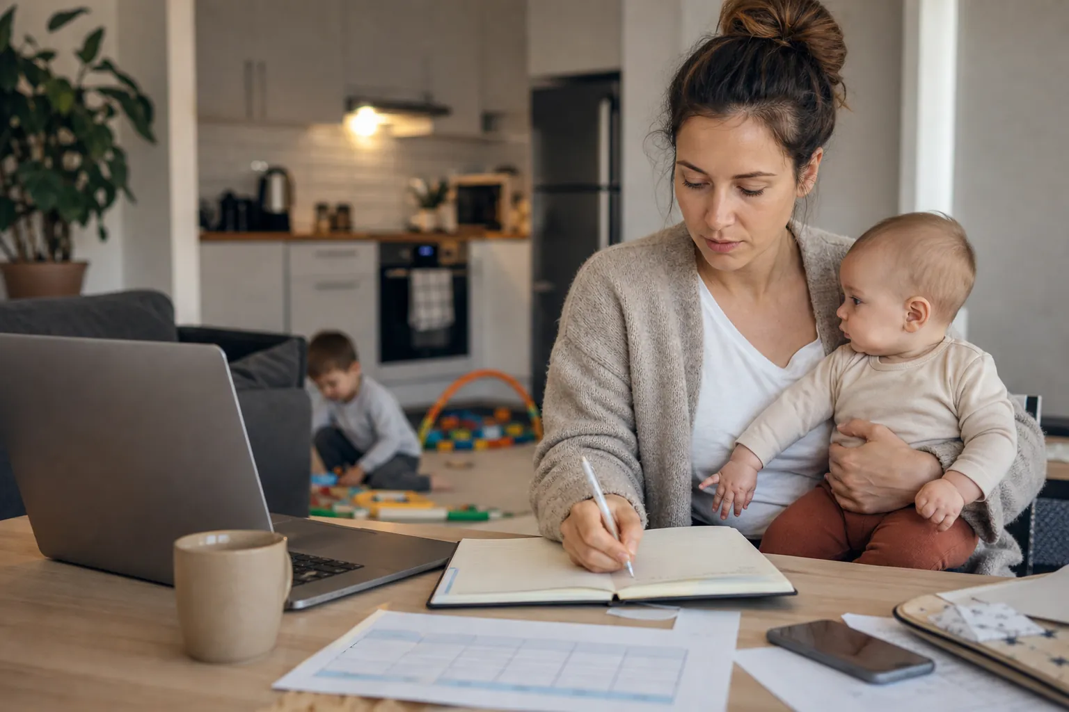 A woman holds a baby while writing in a notebook beside a laptop and calendar, with a young child playing behind her.