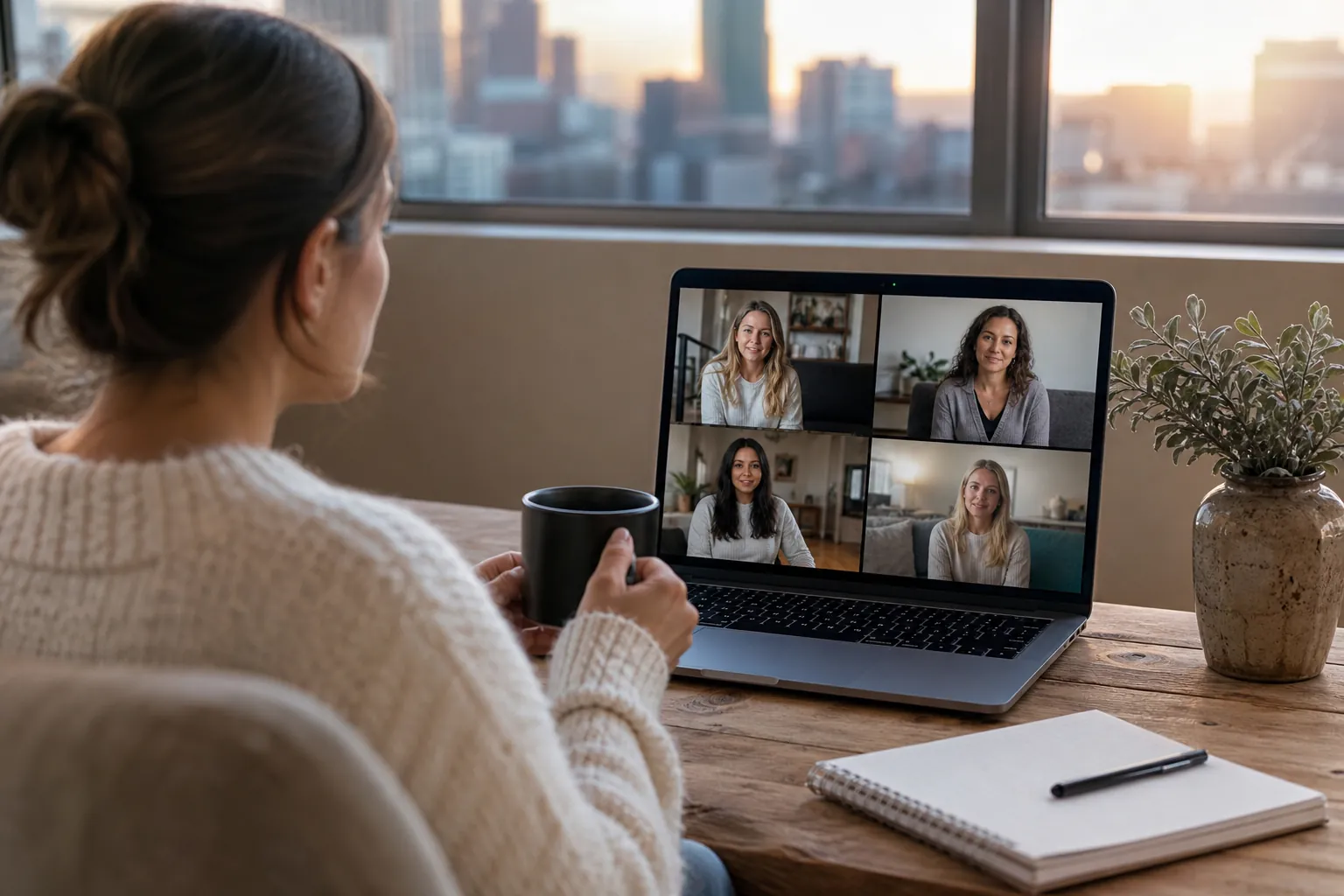 A woman holds a mug at a wooden desk while joining four women on a laptop video call, with a notebook and plant nearby.