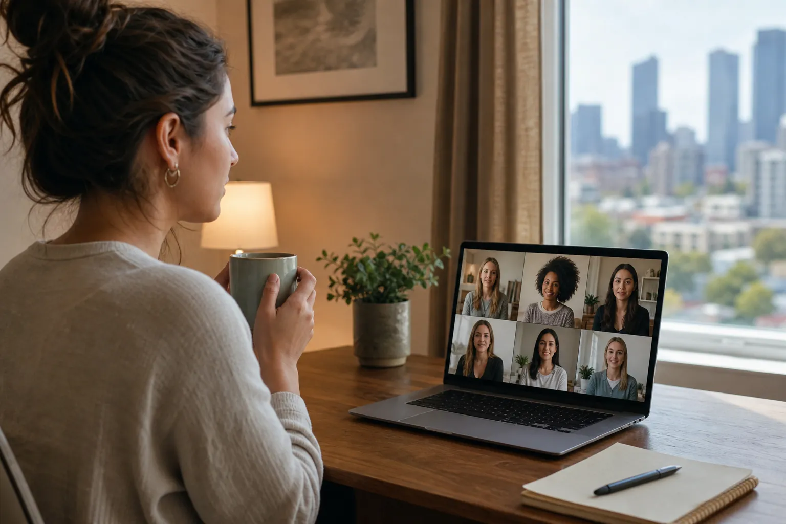 A woman holds a mug at a wooden desk while six women appear in a laptop video call beside a window.