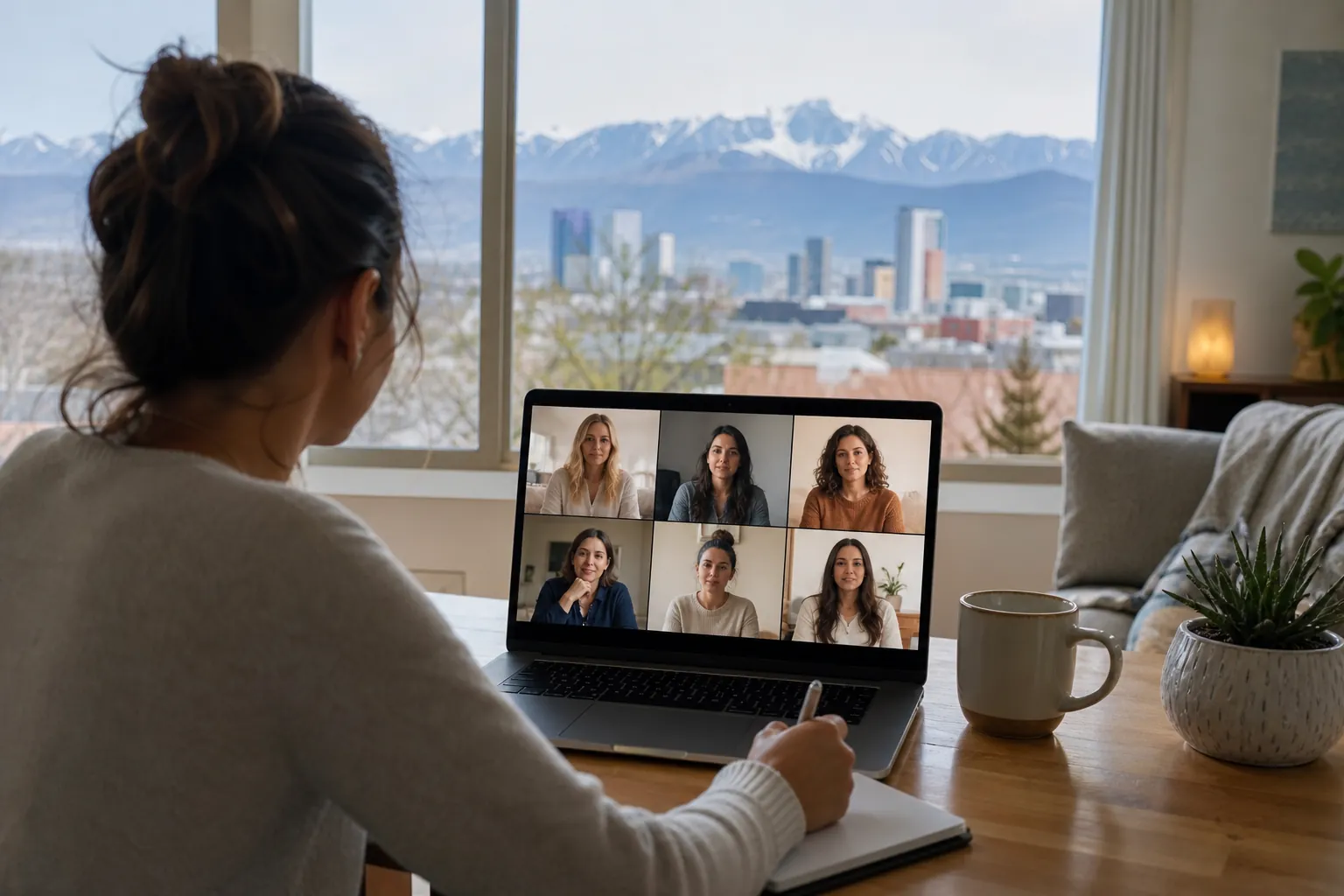 A woman takes notes during a laptop video call with six women, with a city skyline and snowy mountains beyond the window.