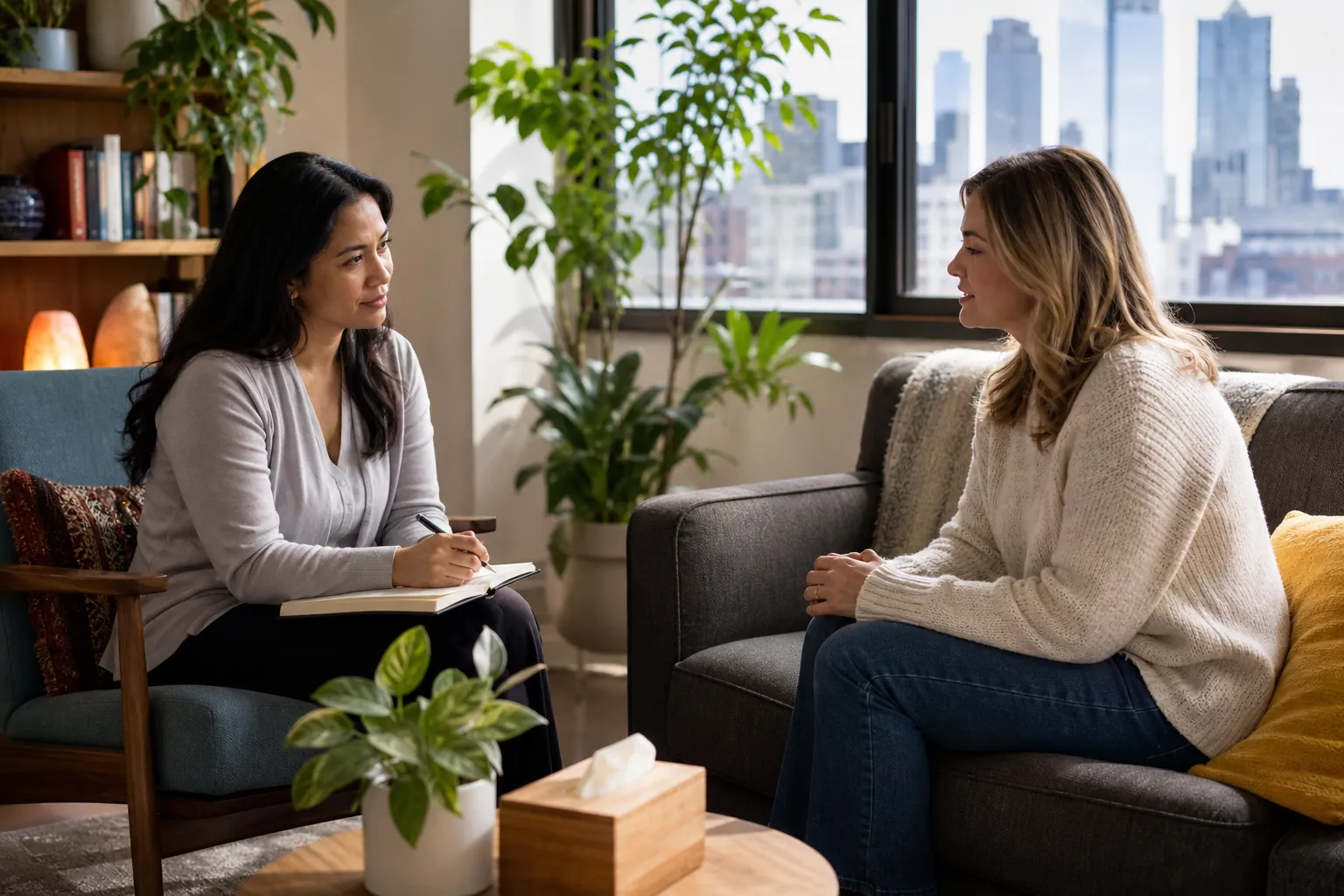 Two Women in a Comfortable Counseling Office Two women sit facing each other in a plant-filled office, one holding a pen over a notebook during a counseling conversation.