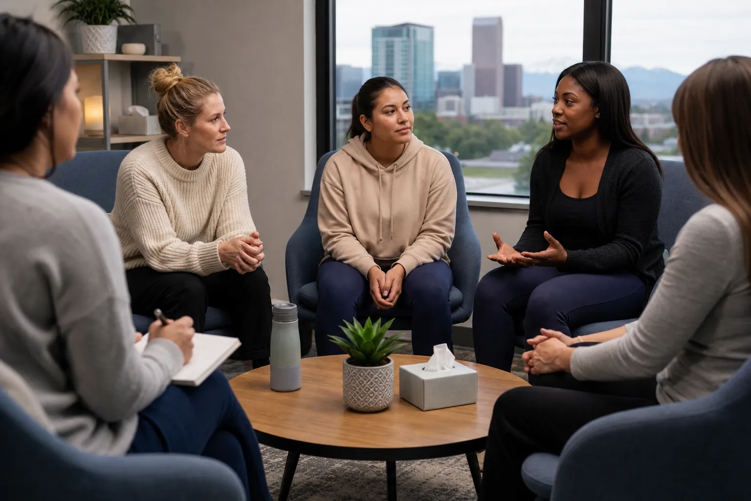 Women Seated in a Circle for a Group Discussion Five women sit in a circle during a group discussion, with a notebook, tissues, and a plant beside large city-view windows.