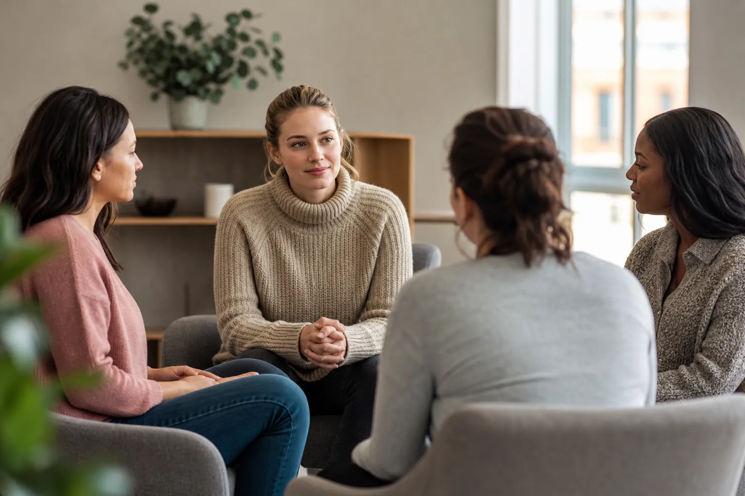 Women Seated Together for a Group Discussion Four women sit facing one another in cushioned chairs during a small group discussion in a bright room.