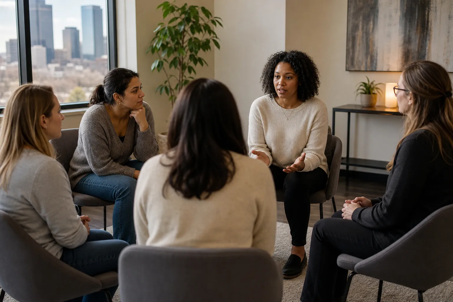 Women Seated in a Circle for a Group Discussion (featured) Five women sit in a circle in a bright room as one woman gestures while speaking during a group discussion.