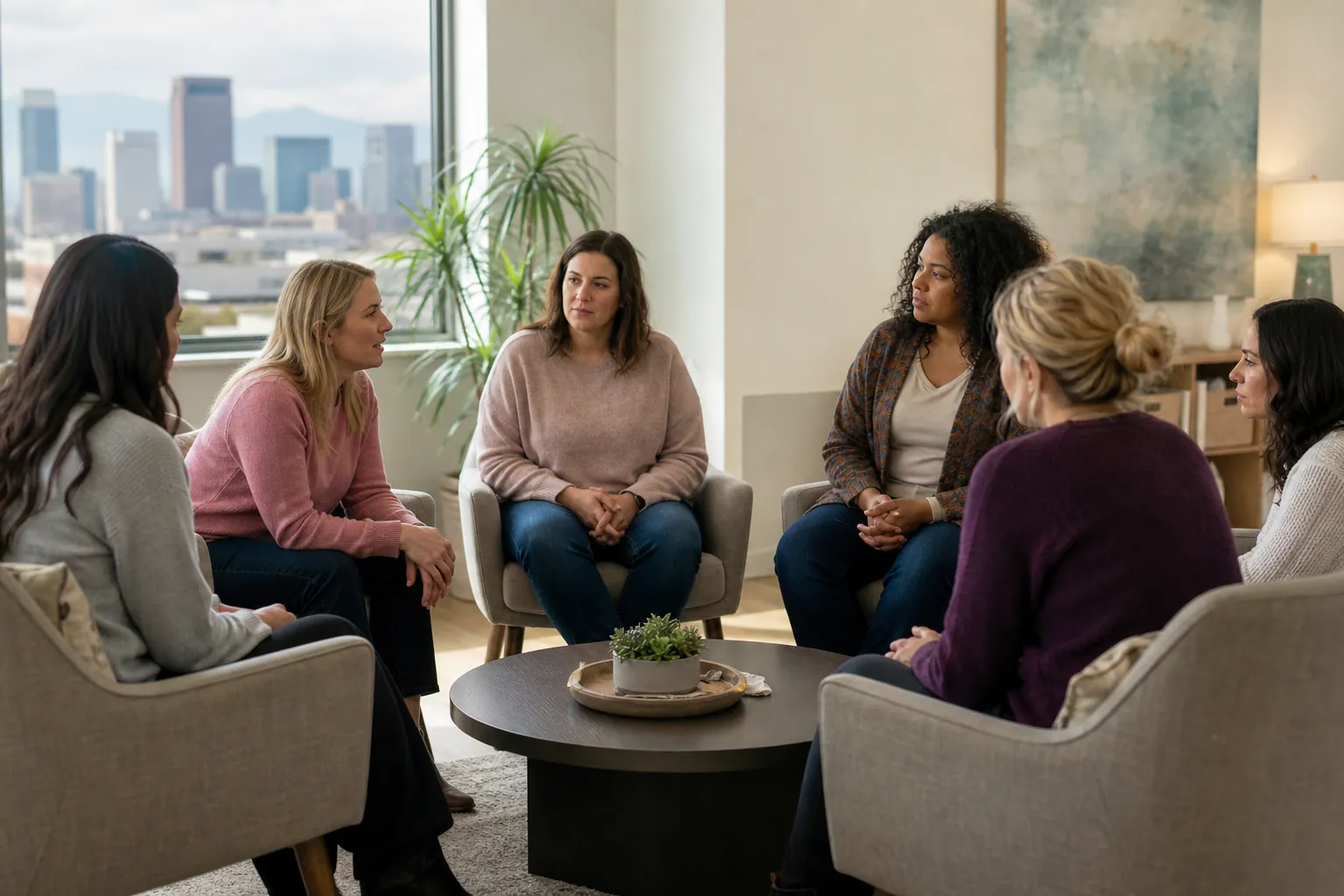 Women Seated in a Circle for a Group Discussion (detail) Six women sit in a circle around a coffee table during a group discussion in a bright room overlooking a city skyline.