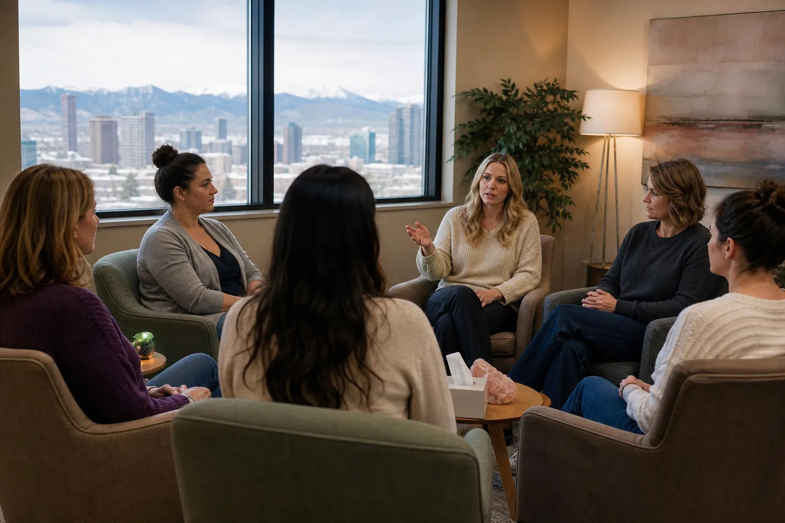 Women Sitting Together in a Group Therapy Setting (next step) Six women sit in a circle of armchairs as one gestures, with a city skyline and mountains visible through large windows.