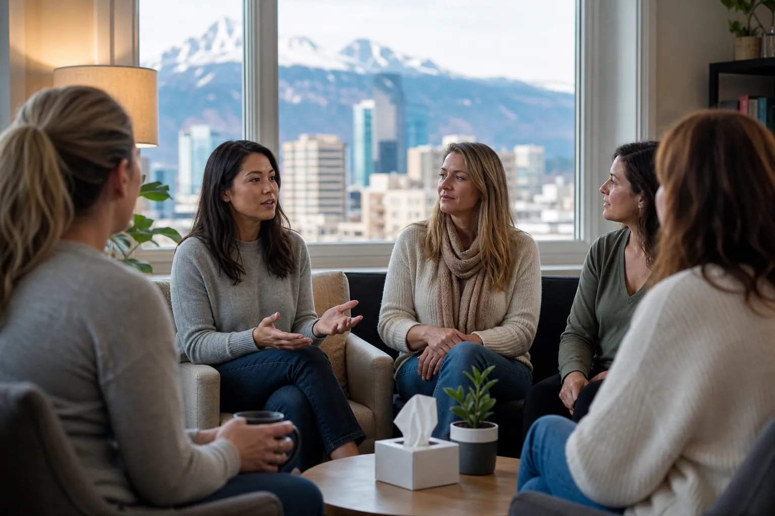 Five women sit in a circle talking in a bright room, with tissues on a table and a city skyline and snowy mountains outside.