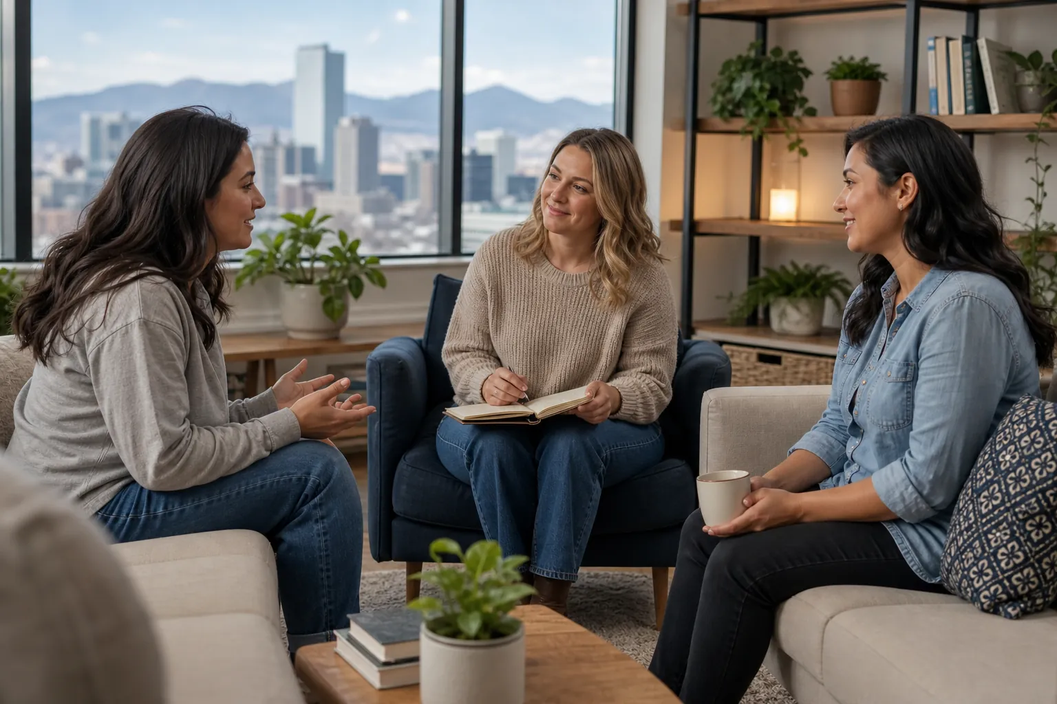 Three women sit in a bright office discussing together, with one holding an open notebook and another holding a mug.