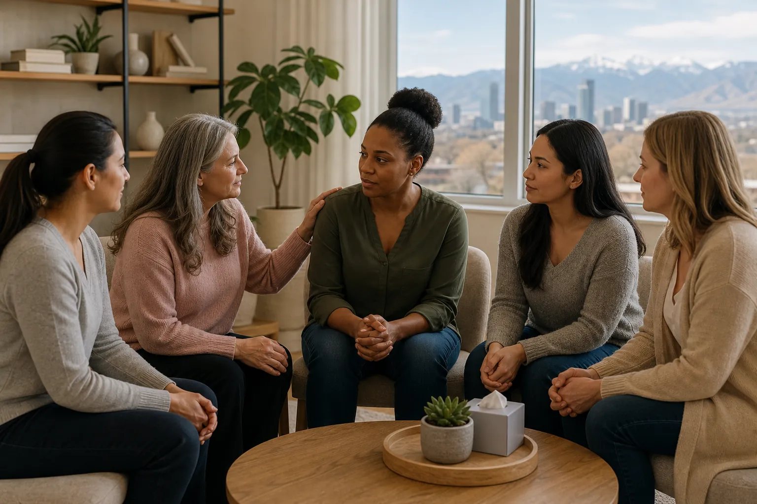 Five women sit in a support circle, with one resting a hand on another's shoulder, beside a table with tissues and a plant.