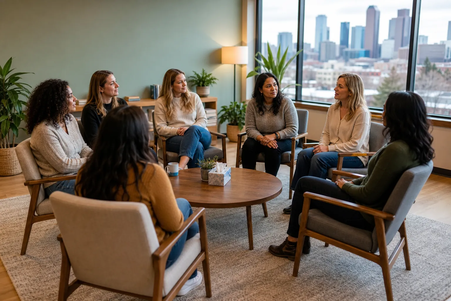 Women Seated in a Group Therapy Setting Seven women sit in a circle around a coffee table with tissues and mugs, with a city skyline visible through large windows.