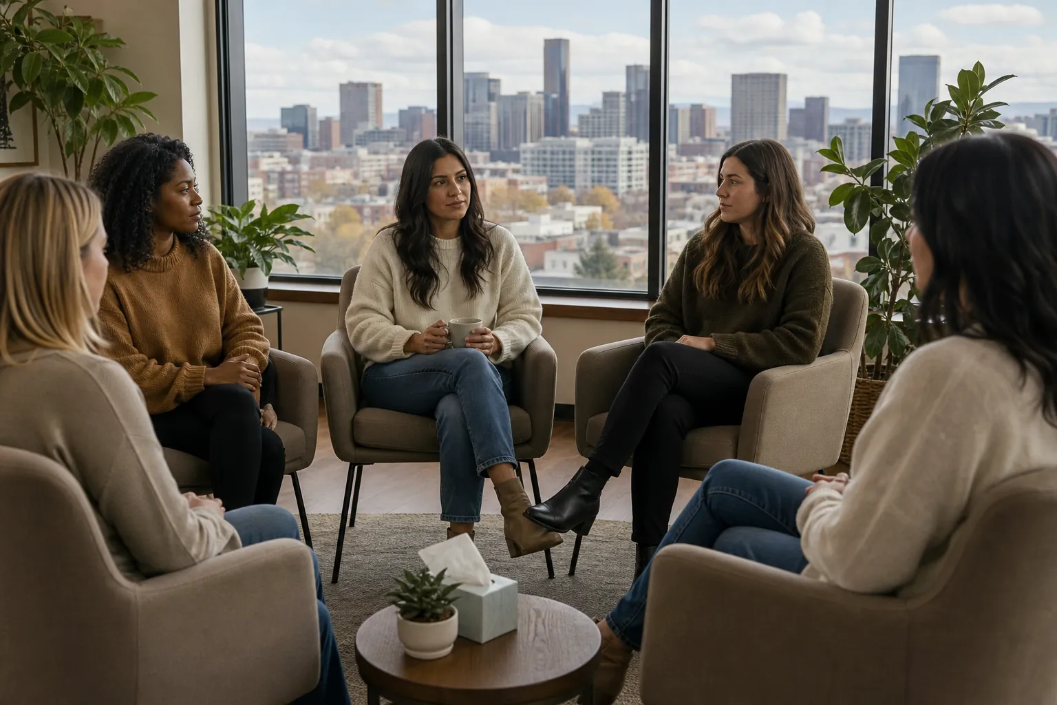 Women Sitting Together in a Therapy Group Setting Five women sit in a circle of armchairs in a bright room with plants and city views, one holding a mug.