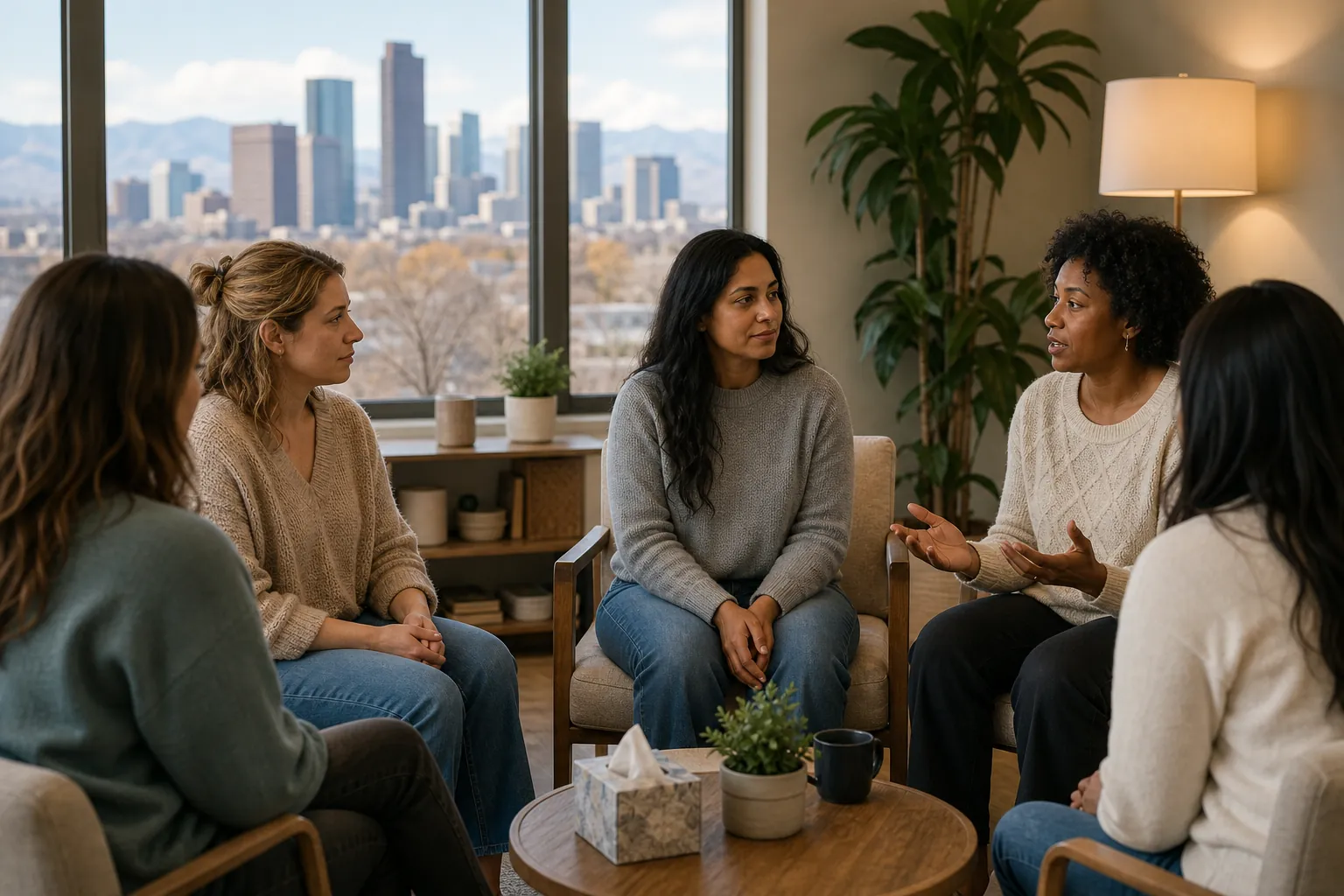 Women Participating in a Supportive Group Discussion Five women sit in a circle during a group discussion, with one gesturing as others listen and a city skyline behind them.