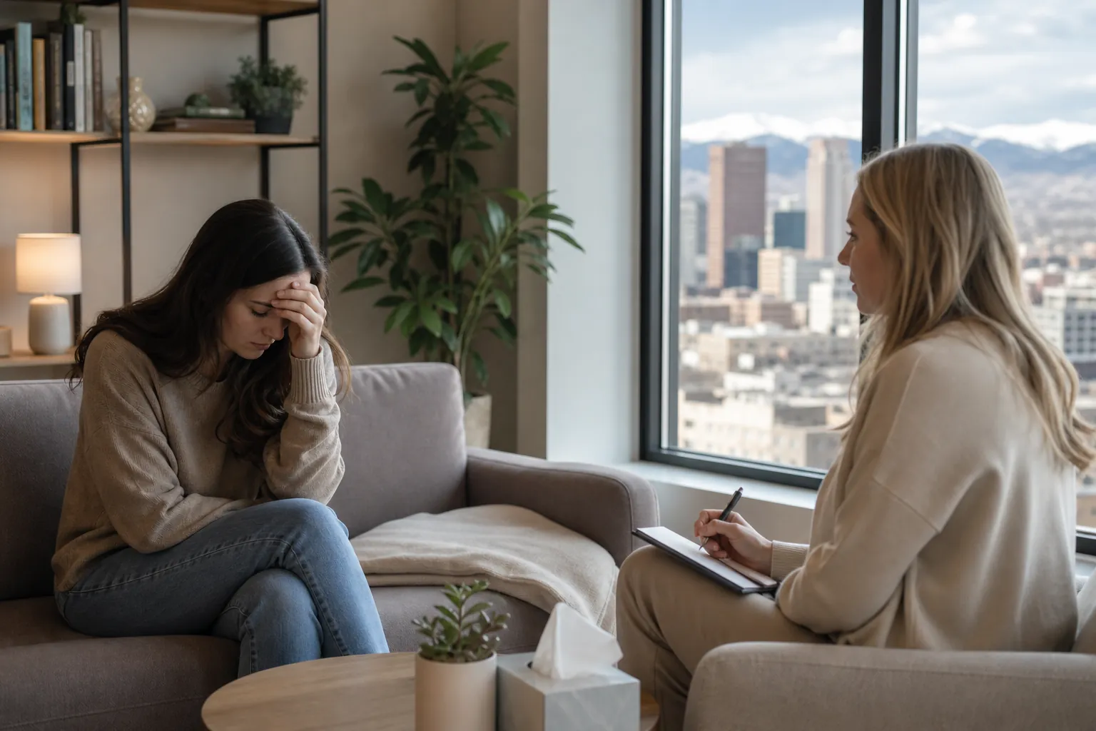 A distressed woman holds her forehead on a couch while another woman takes notes, with city buildings and mountains outside.