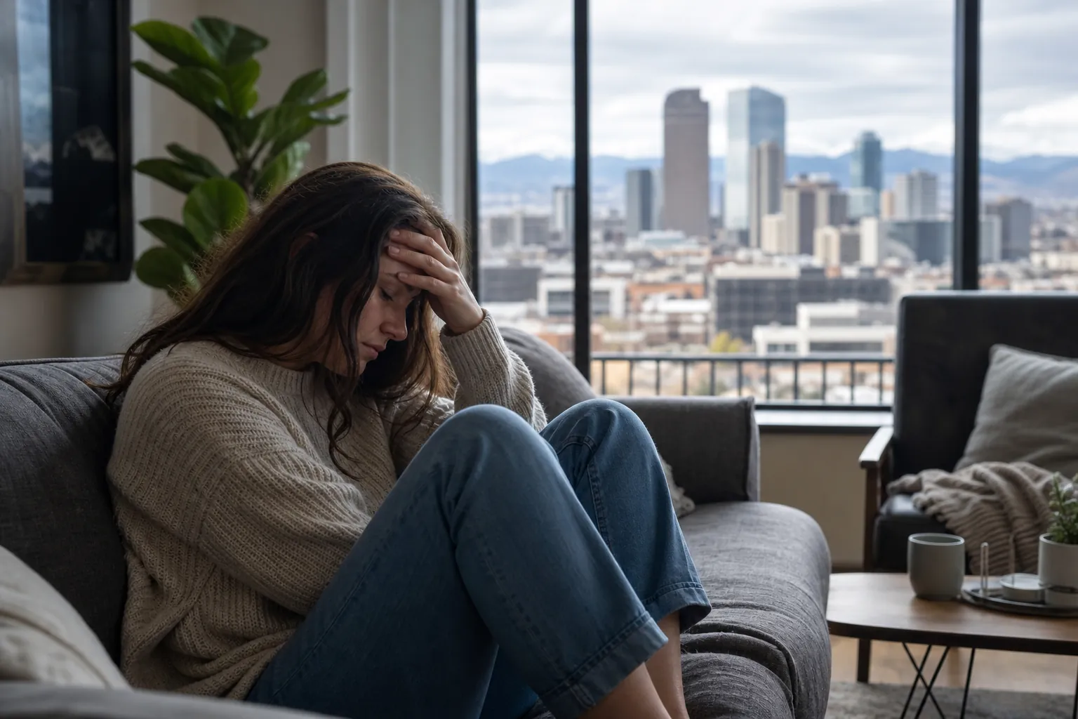 A woman sits curled up on a gray sofa with her hand on her forehead, beside a window overlooking a city skyline.
