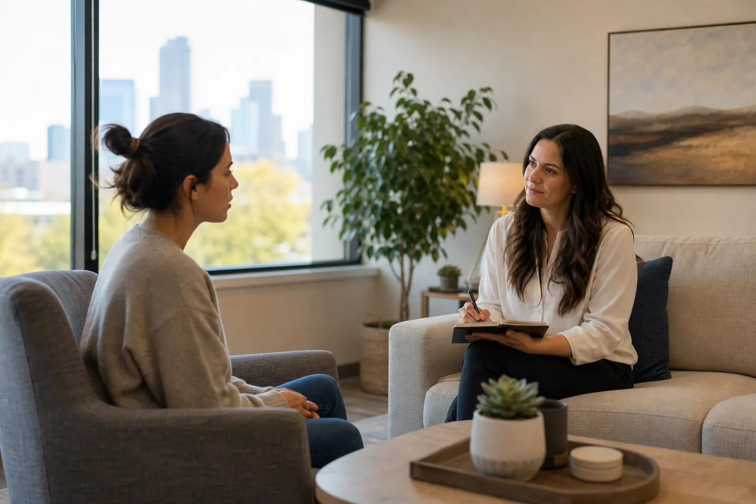 Two women sit facing each other in a bright counseling office, one holding a pen and notebook during a conversation.