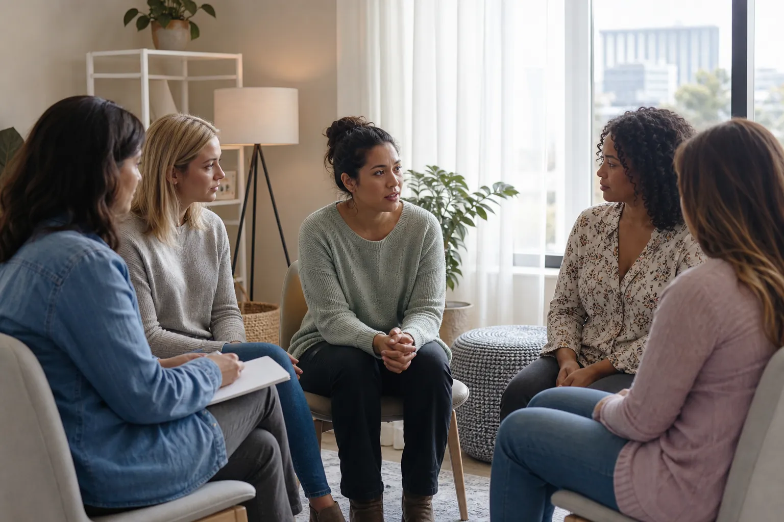 Women Seated in a Support Group Discussion Five women sit in a circle in a bright room, talking together while one holds a pen over a notebook.
