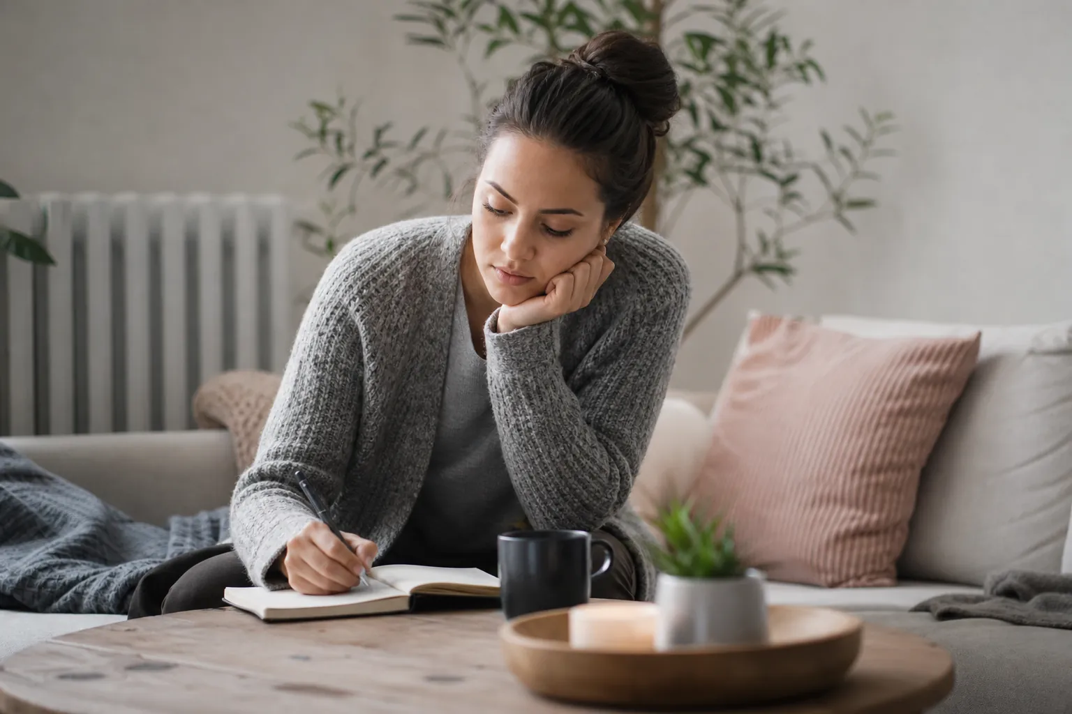 Woman Writing in a Notebook on a Coffee Table A woman in a gray cardigan sits on a sofa, resting her chin on one hand while writing in a notebook on a coffee table.