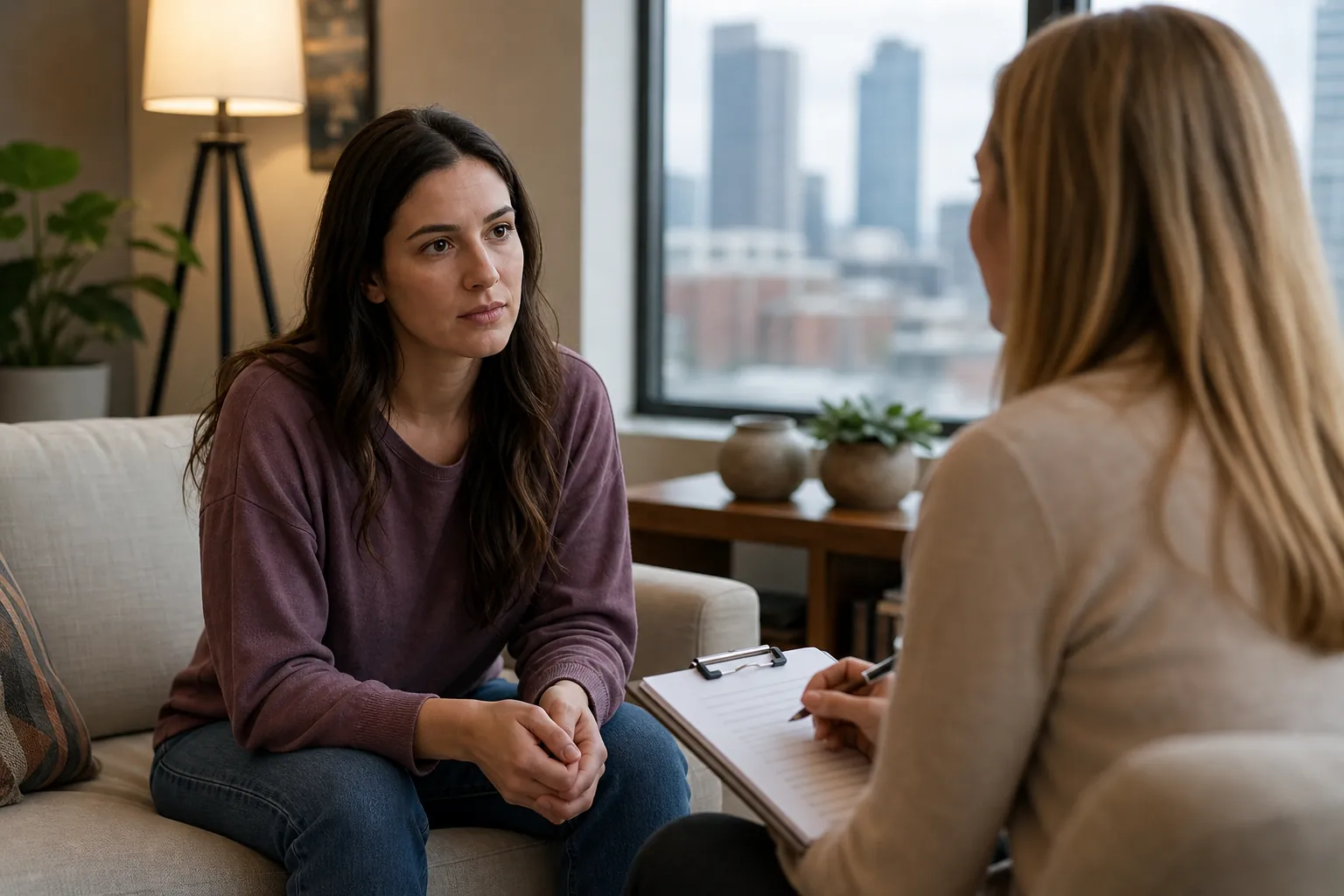 Woman Speaking With a Counselor Holding a Clipboard A woman sits on a sofa with her hands clasped, speaking with another woman holding a pen and clipboard in an office.