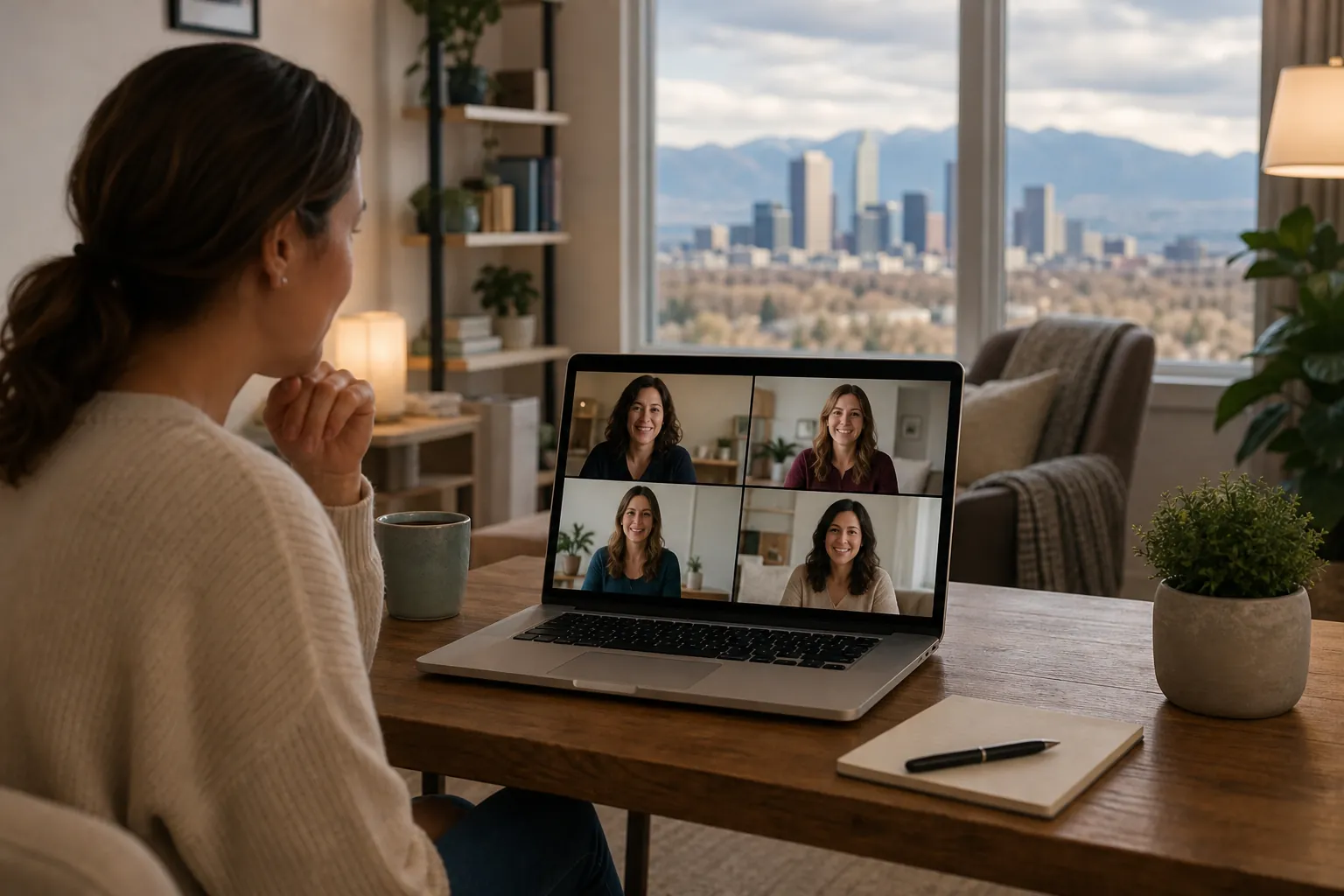 Woman Joining a Virtual Group Call From Home A woman joins four women on a laptop video call at a wooden desk overlooking a city skyline and mountains.