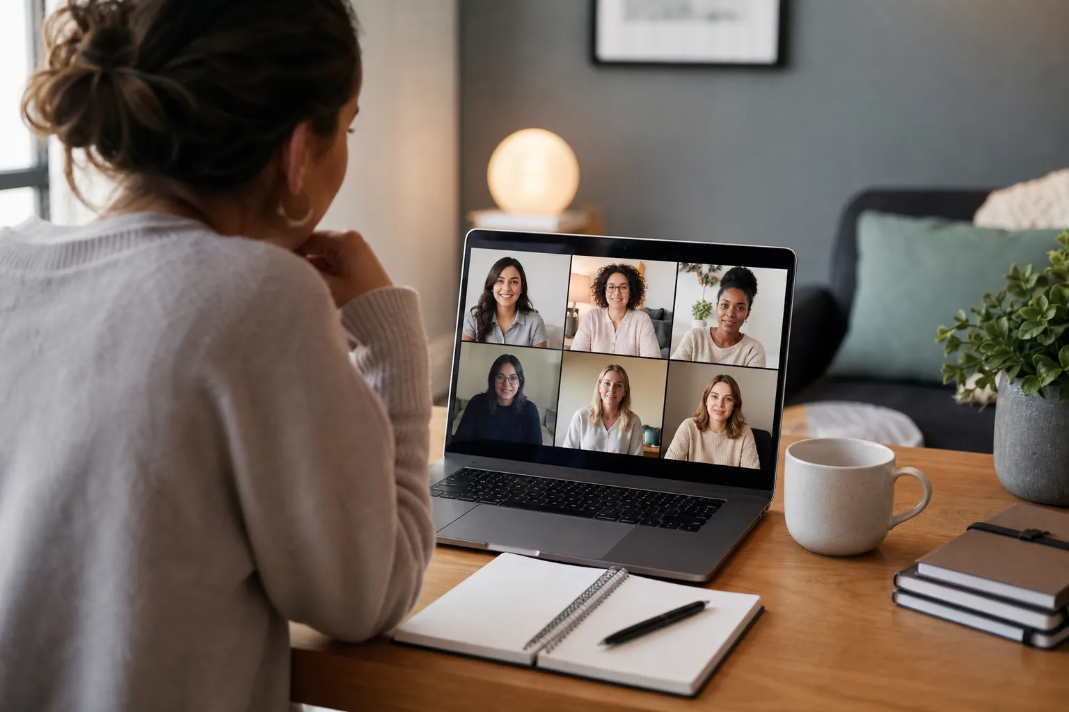 Woman Joining a Virtual Group Video Session A woman sits at a wooden desk facing six women on a laptop video call, with an open notebook, pen, and mug nearby.