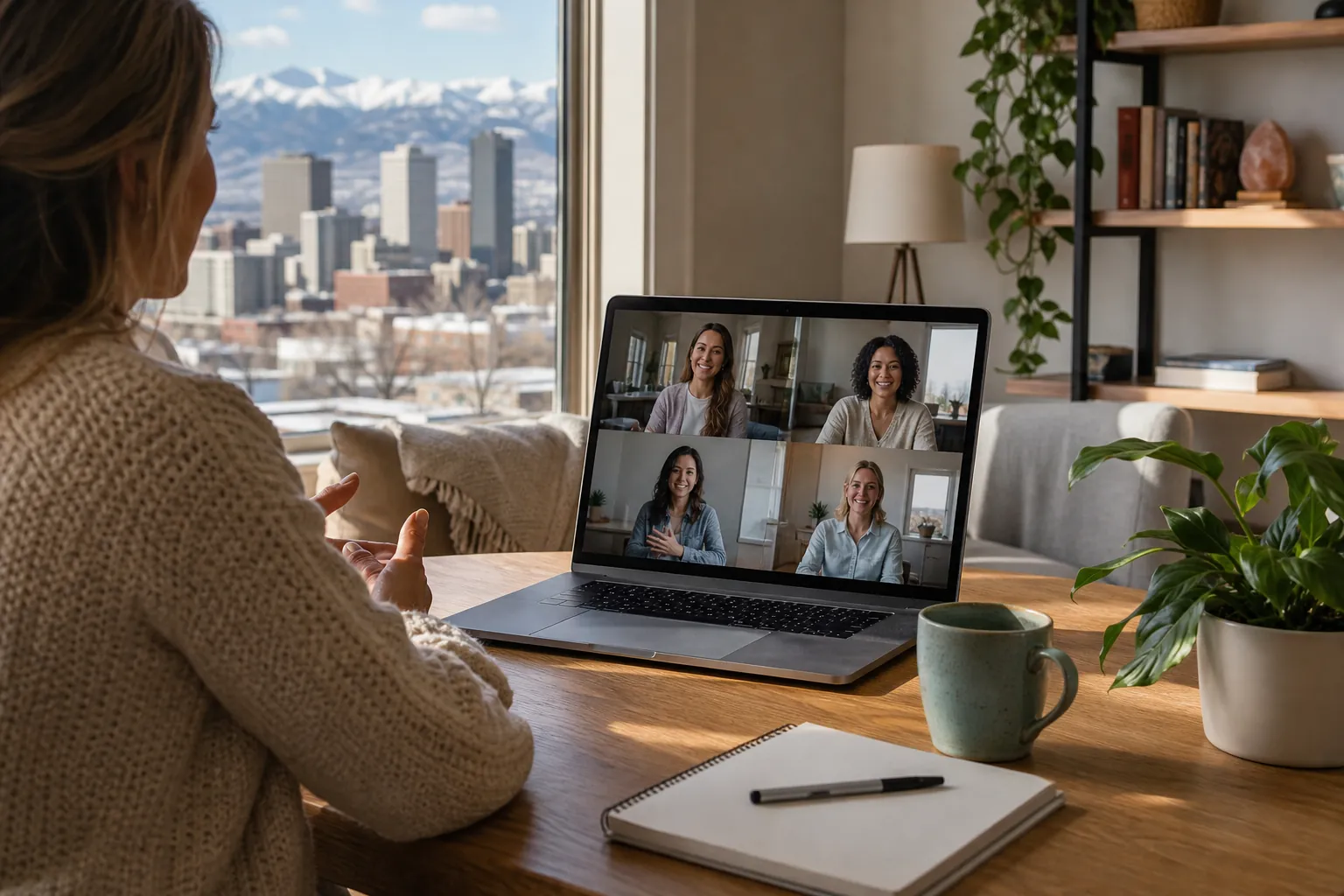 Women Connecting in a Virtual Group Session A woman joins four women on a laptop video call at a wooden table beside a window overlooking a city and snowy mountains.