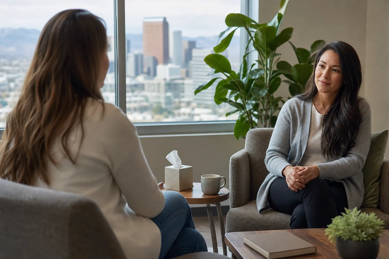Two Women Talking in a Bright Office Two women sit facing each other in armchairs beside a tissue box and mug, with plants and a city view behind them.