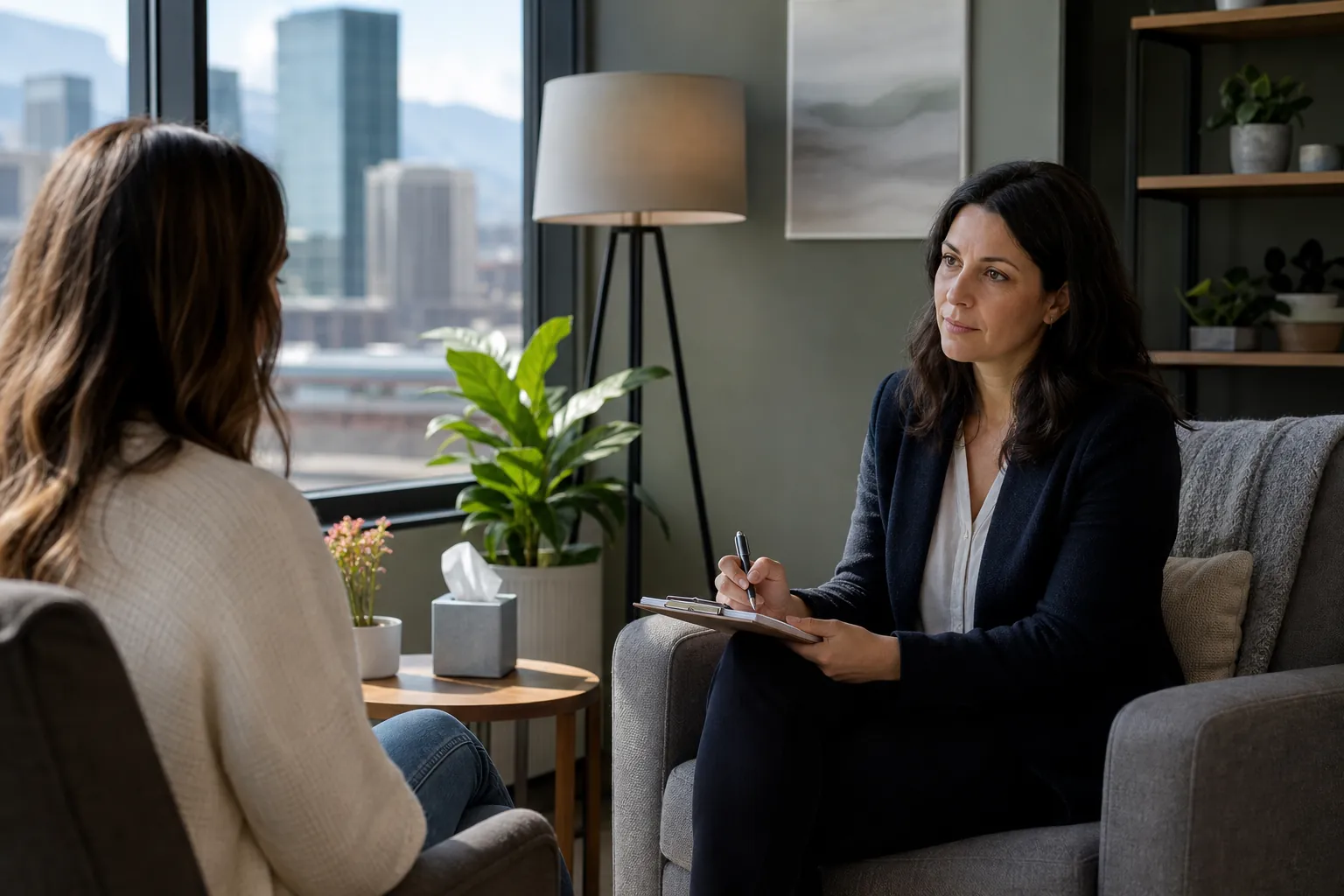 Women Talking During an Office Consultation A woman holding a pen and clipboard listens to another woman seated across from her in a bright office.