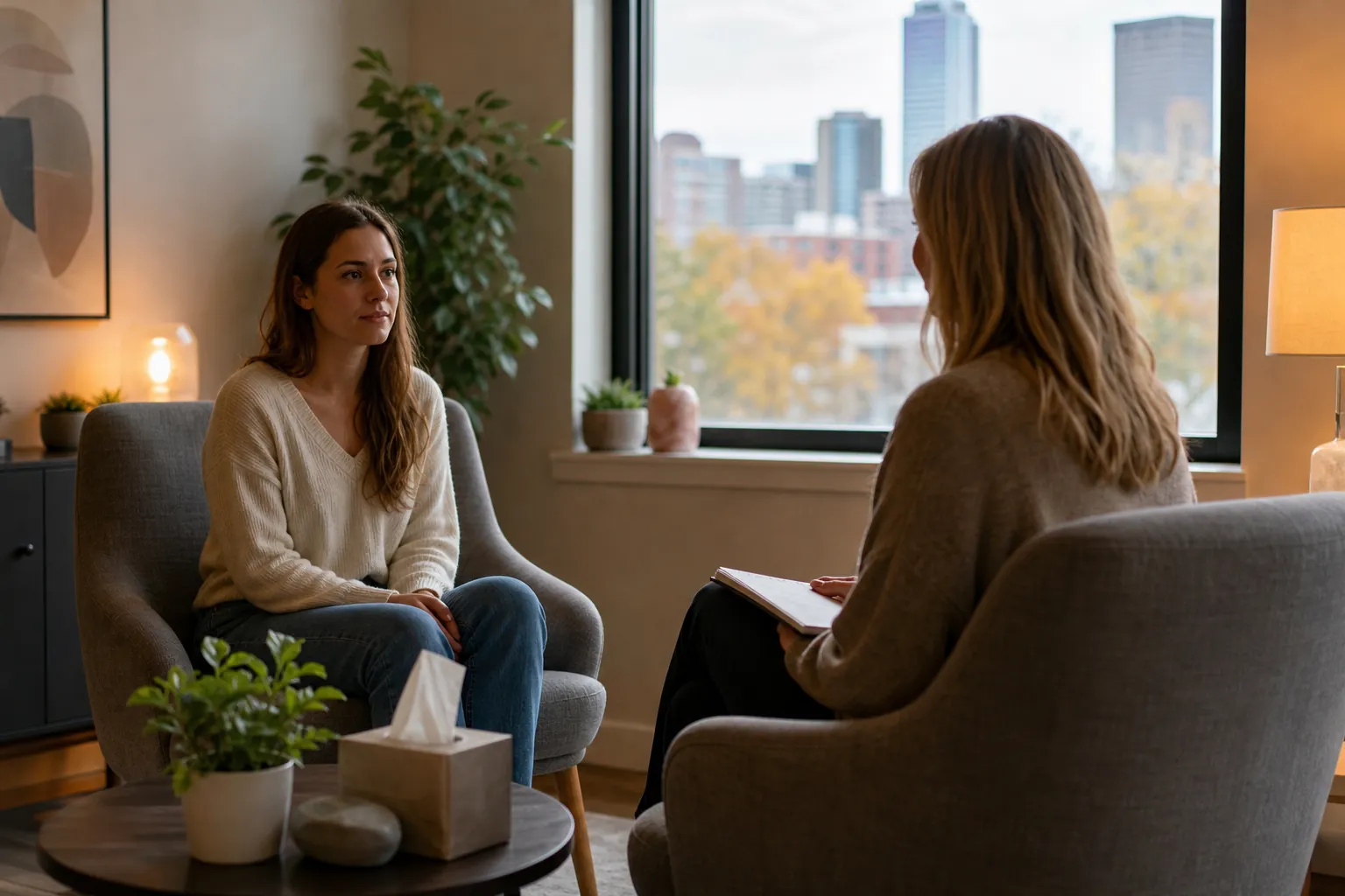 Women Talking in a Comfortable Counseling Office Two women sit facing each other in a counseling office, one holding a notebook, with city buildings outside the window.