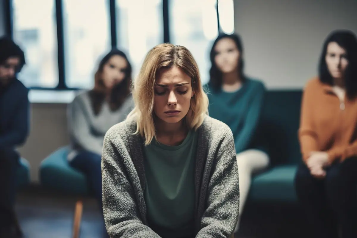 group of women in a addiction treatment program looking at one distraught young woman asking what are the physical signs of heroin use