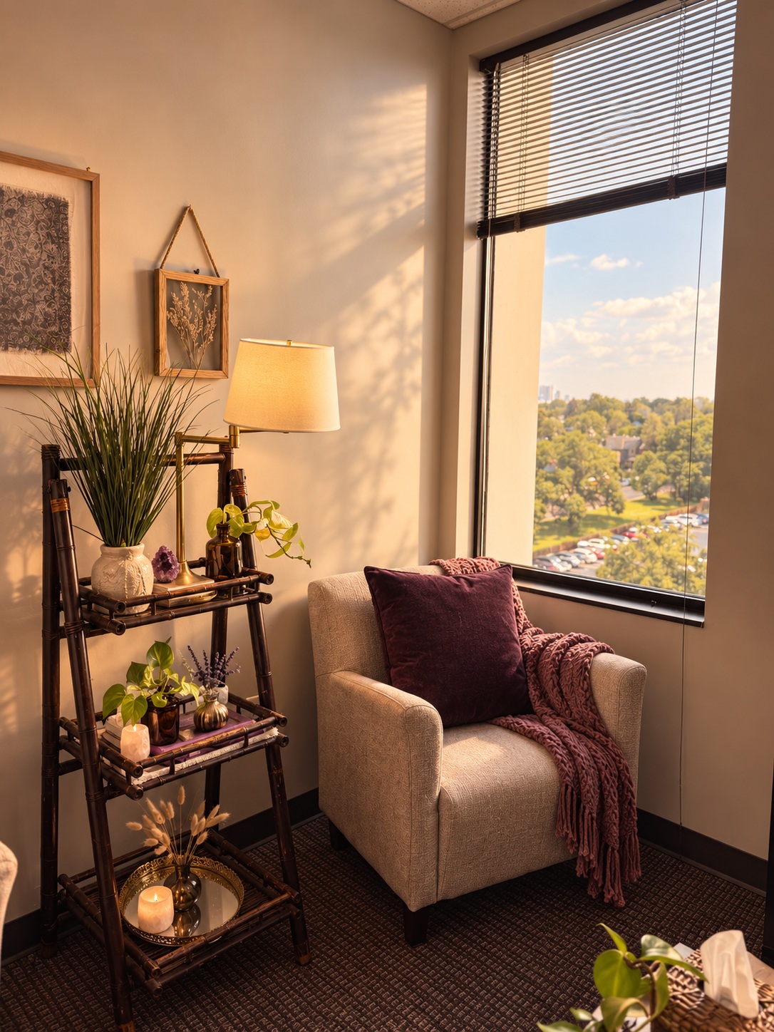 Empty upholstered chair beside a plant and window