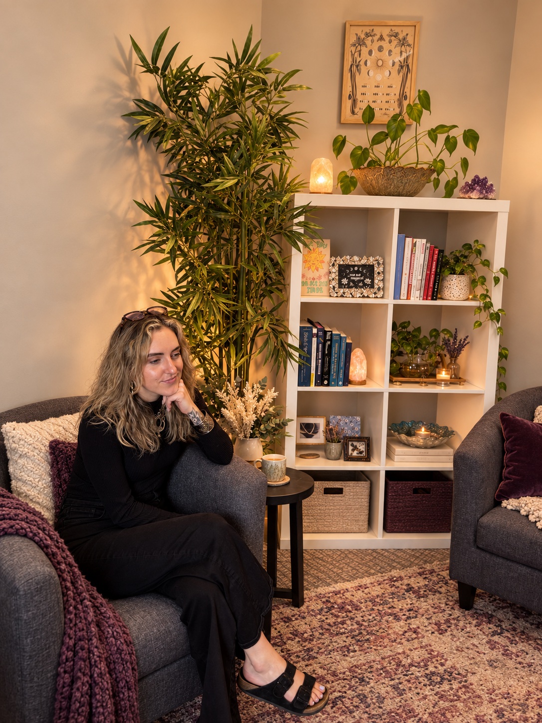 A woman seated beside bookshelves and plants at Women’s Recovery