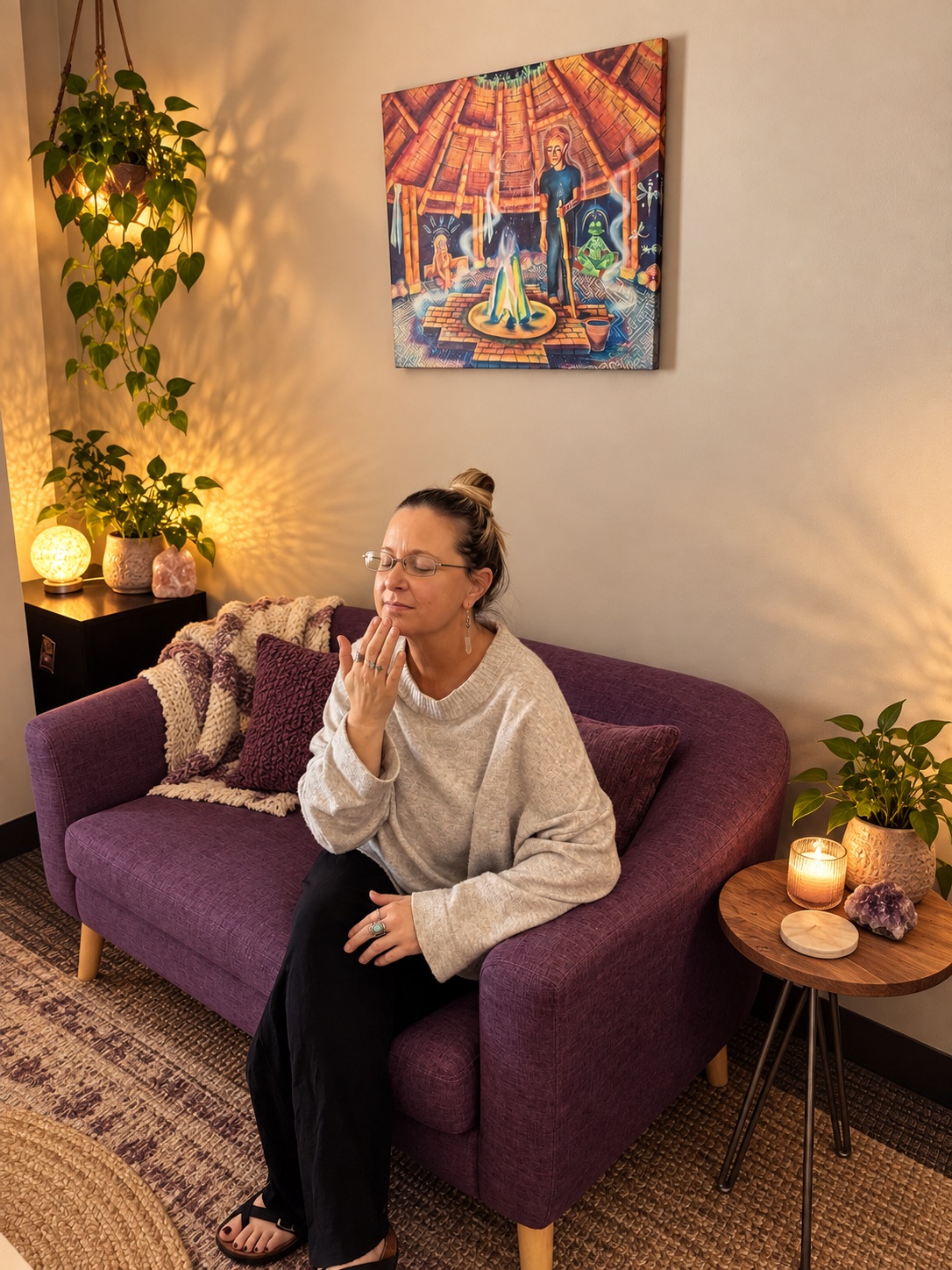 A woman seated in a purple armchair at Women’s Recovery