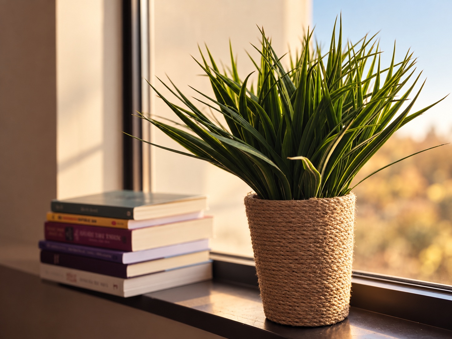 Plant and books on a windowsill