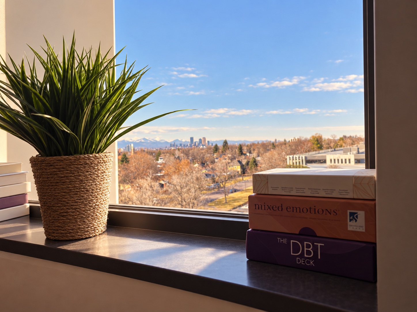 Plant and therapy workbooks beside a window with a city view