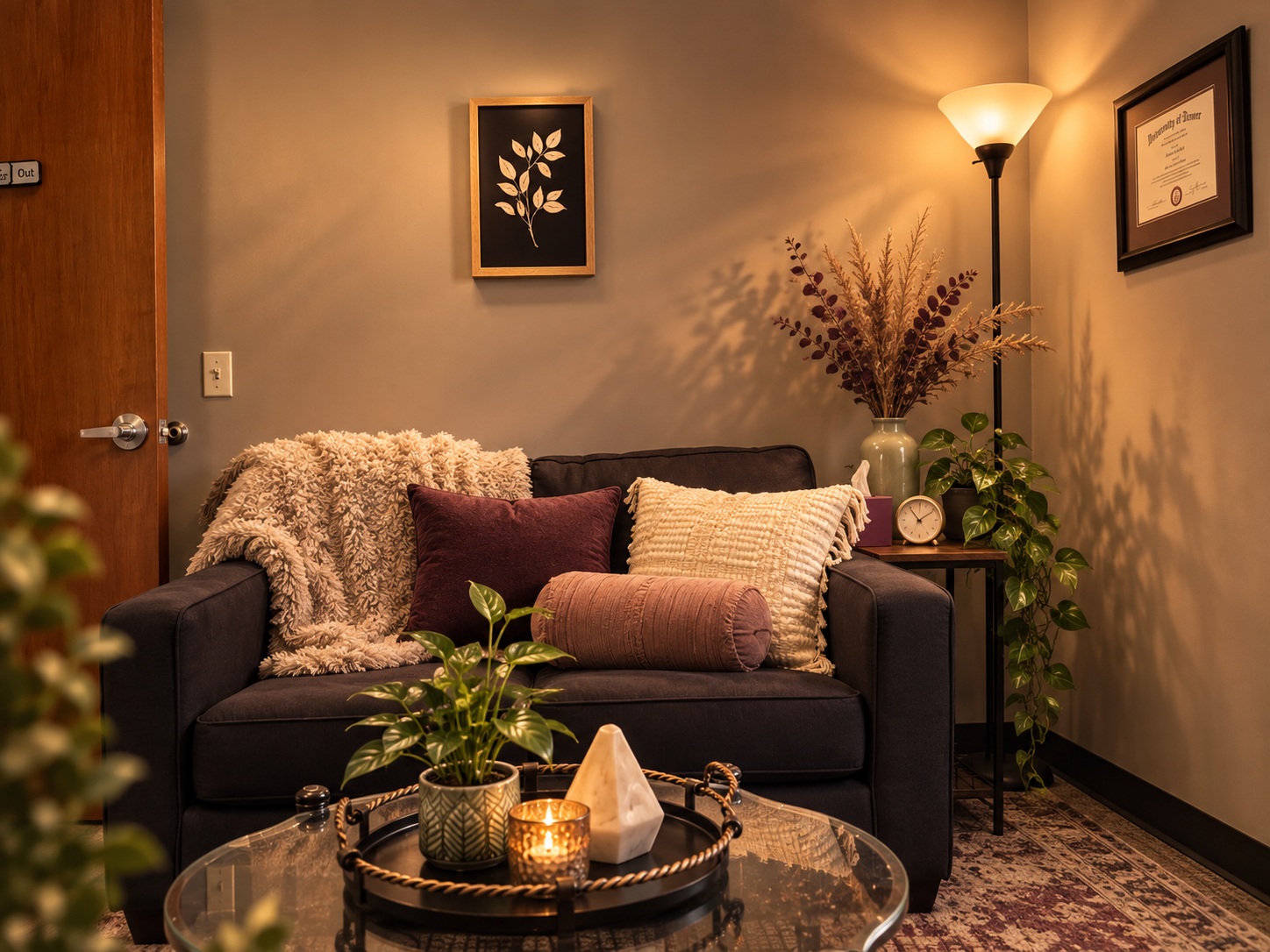 Dark sofa and coffee table in a furnished room