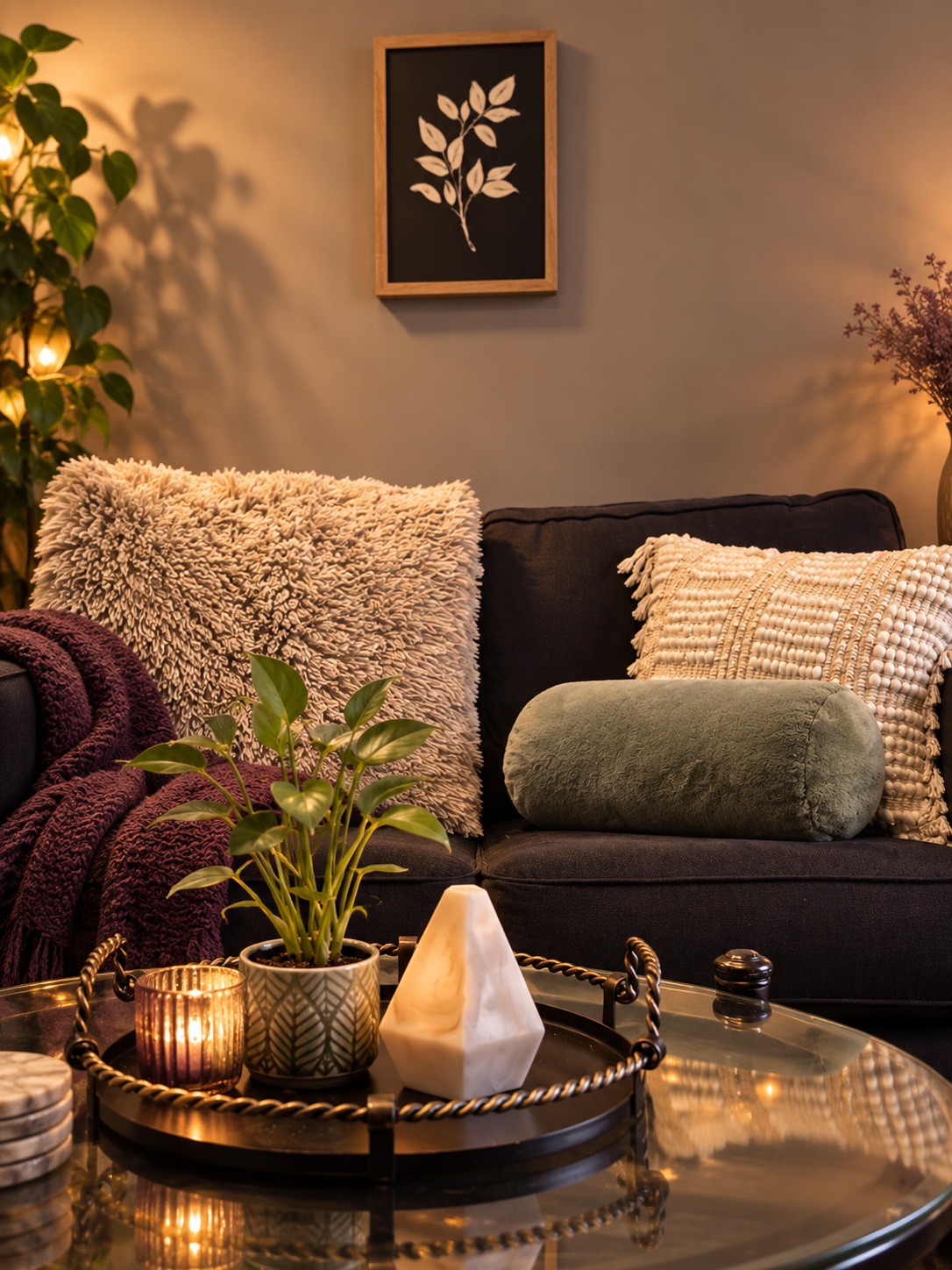 Dark sofa with patterned pillows and a glass table