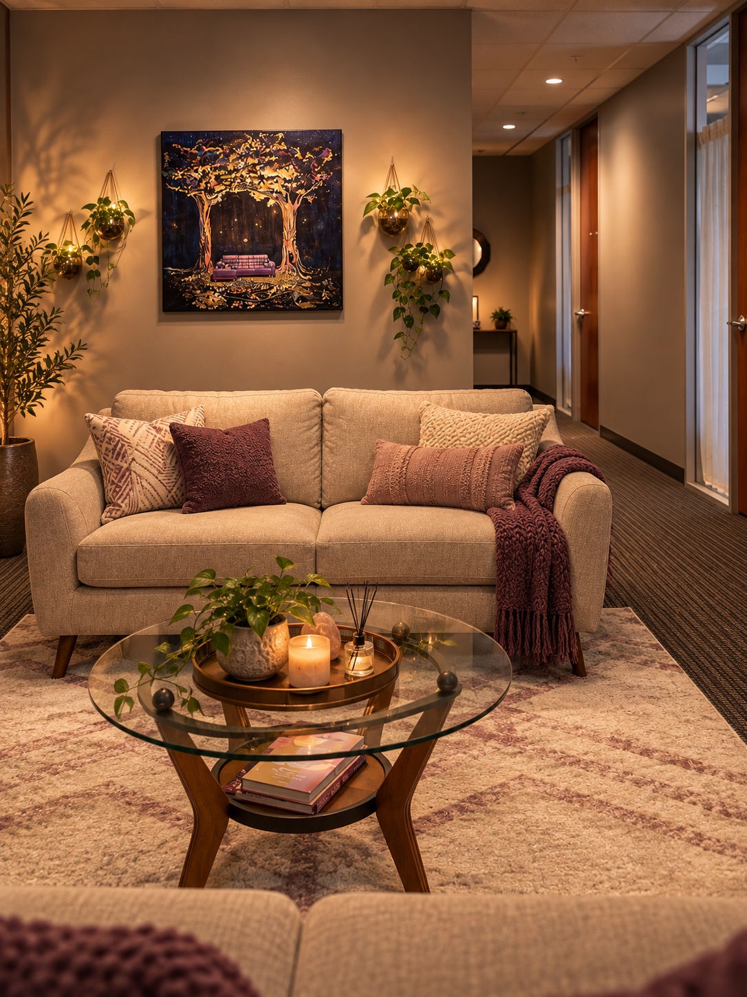 Seating area with a sofa, round table, plants and artwork at Women’s Recovery