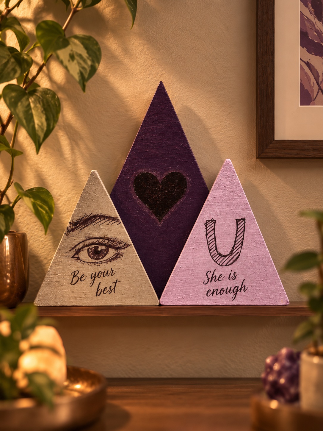Three painted triangular plaques with an eye, heart and letter U
