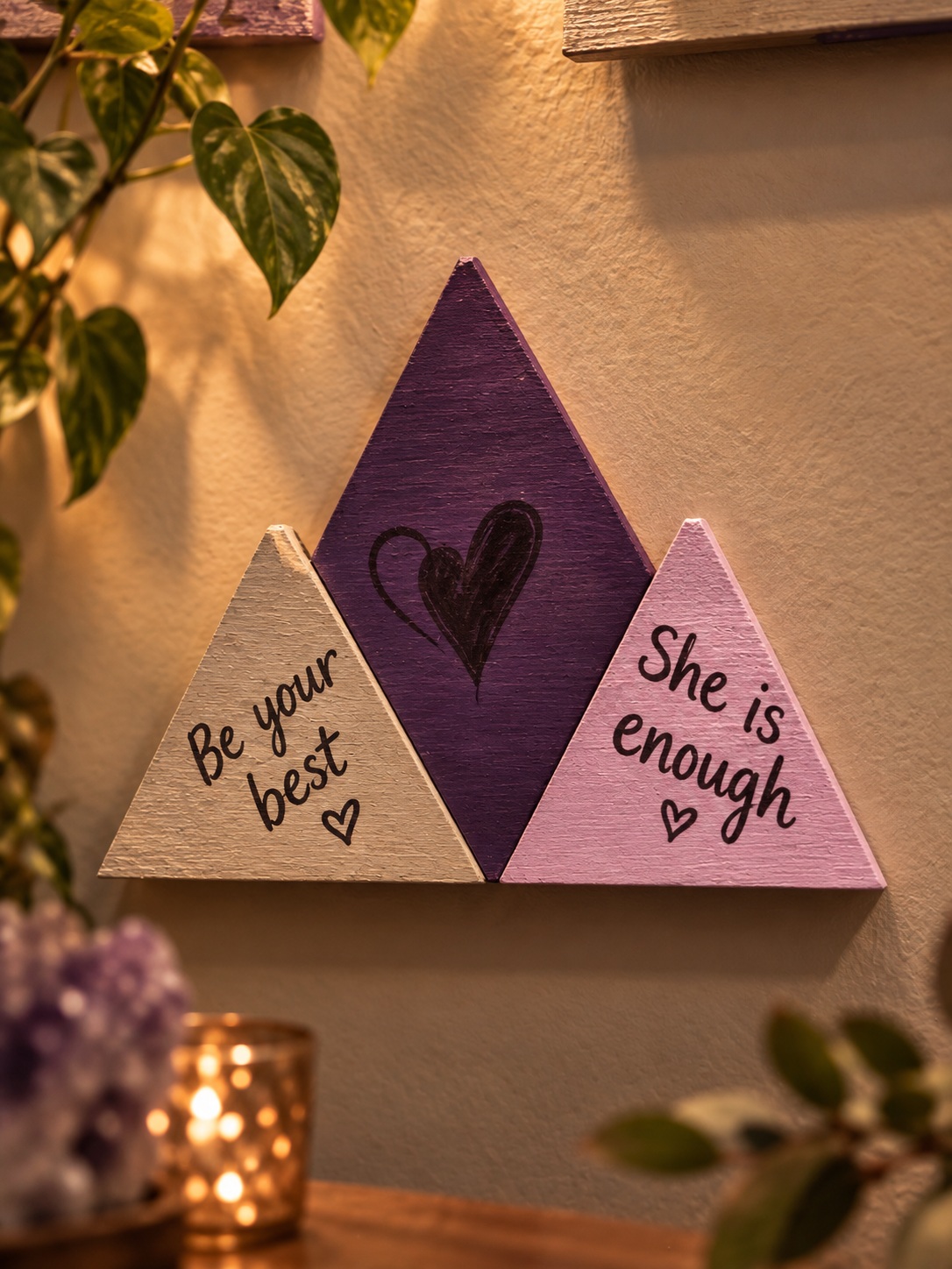 Painted triangular plaques with affirming words
