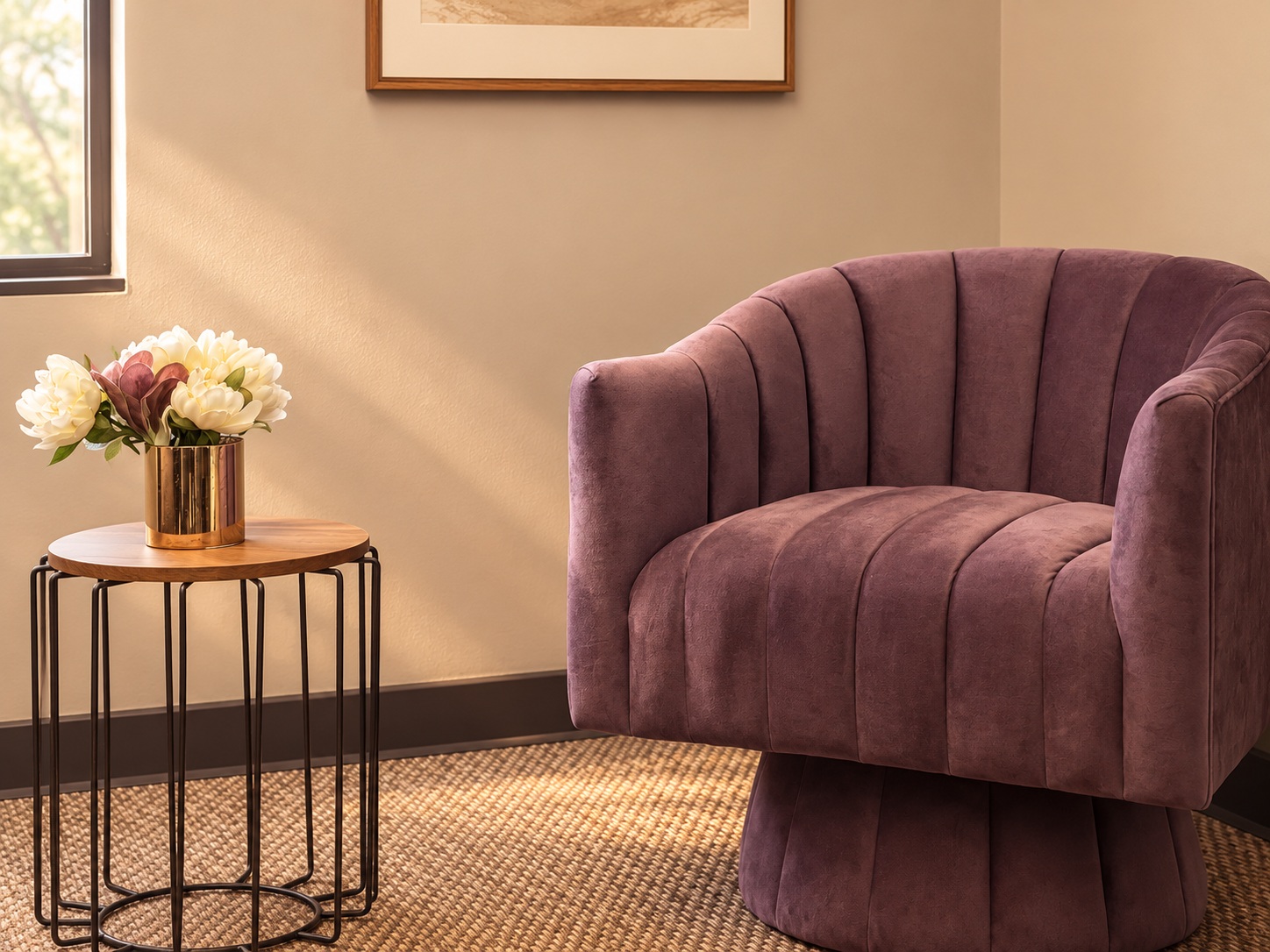 Plum chair, flowers and a window