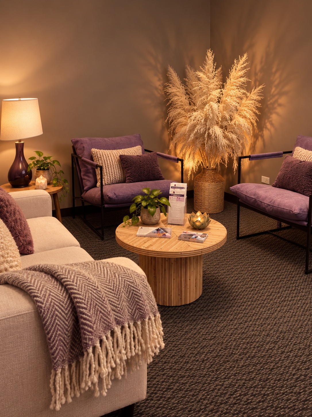 Lounge with purple chairs, cream sofa and table