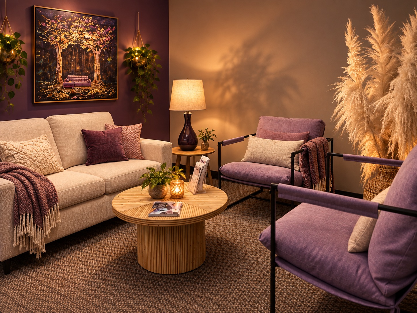 Lounge with purple chairs and dried flowers