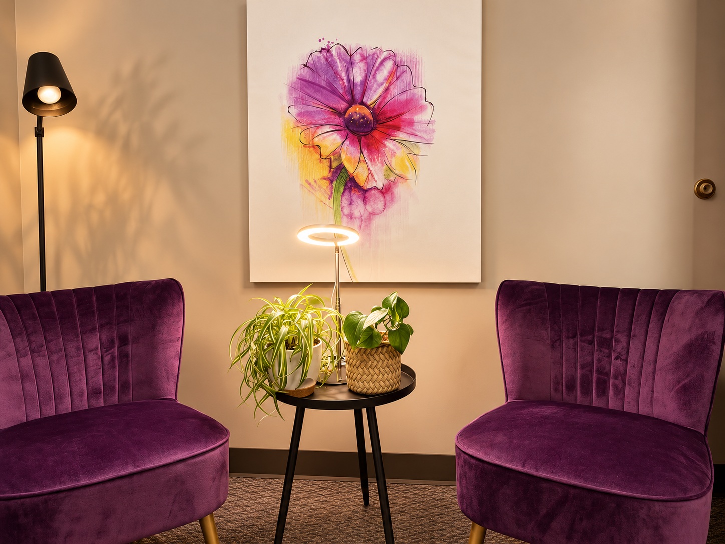 Plum chairs, table and flower painting
