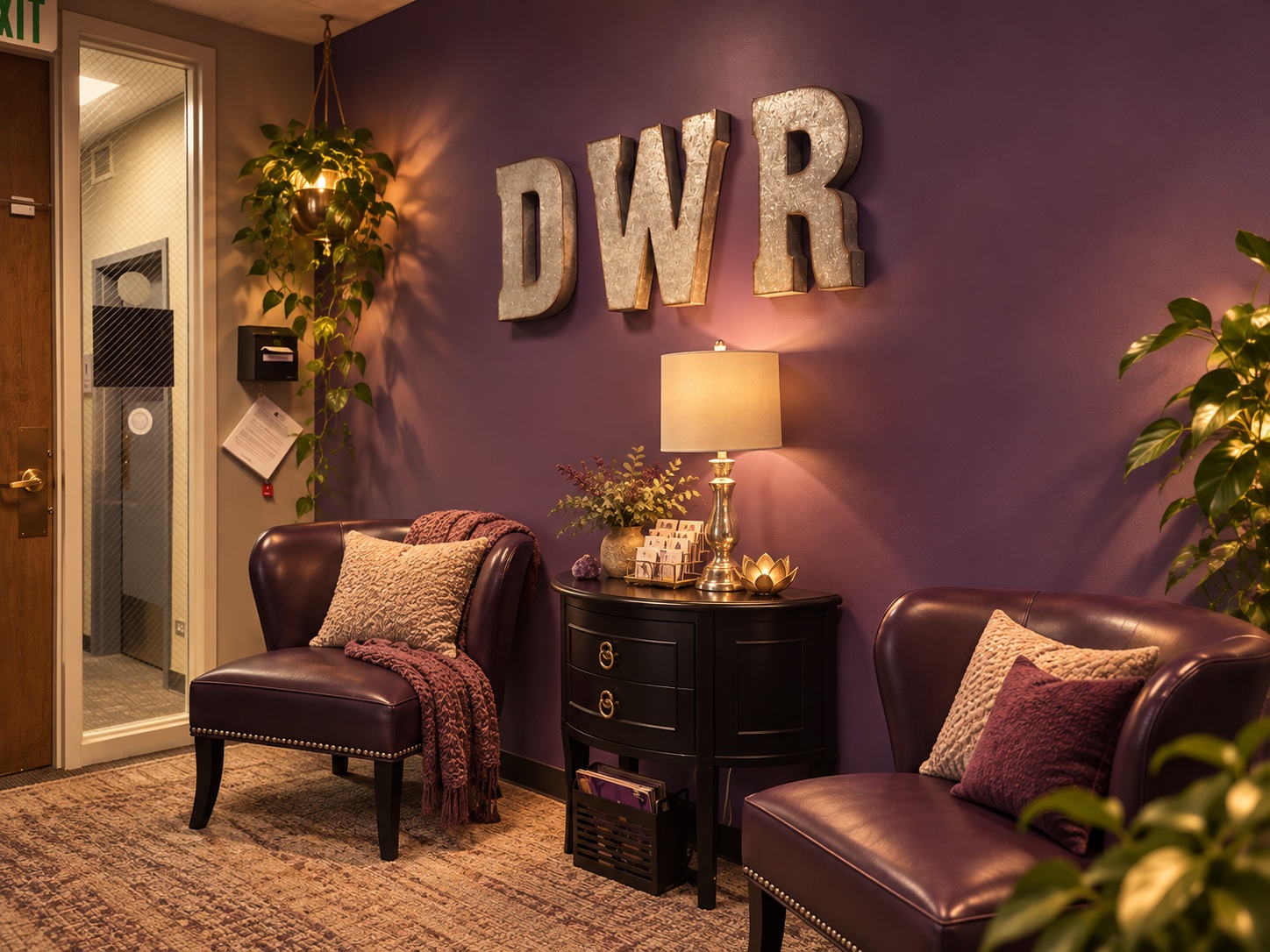 Chairs against a purple wall with DWR letters and an exit