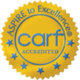 A gold CARF accreditation seal with blue text that reads "ASPIRE to ExcellenceÂ® CARF ACCREDITED" surrounded by blue stars.