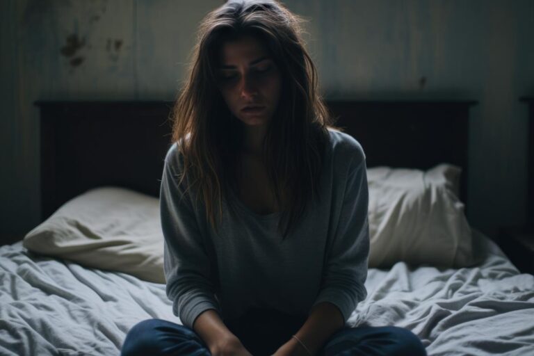 woman seated alone in her darkened bedroom wondering is adderall like meth