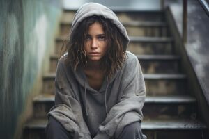 A young woman in a hoodie sits on stairs, considering her path regarding marijuana addiction.