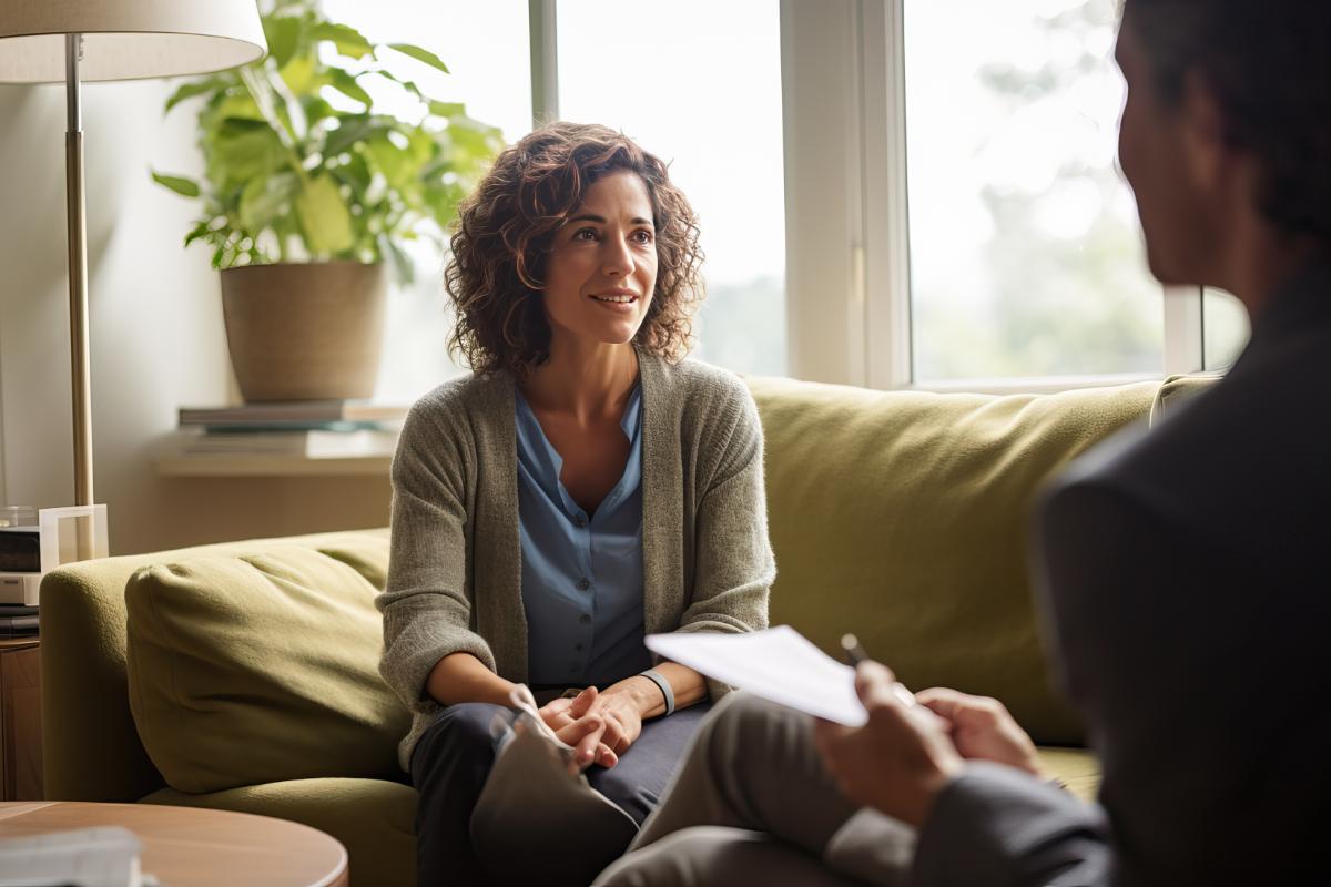 Getting Help at a Heroin Detox in Colorado Springs woman seated in office talking to therapist about getting help at a heroin detox in Colorado Springs